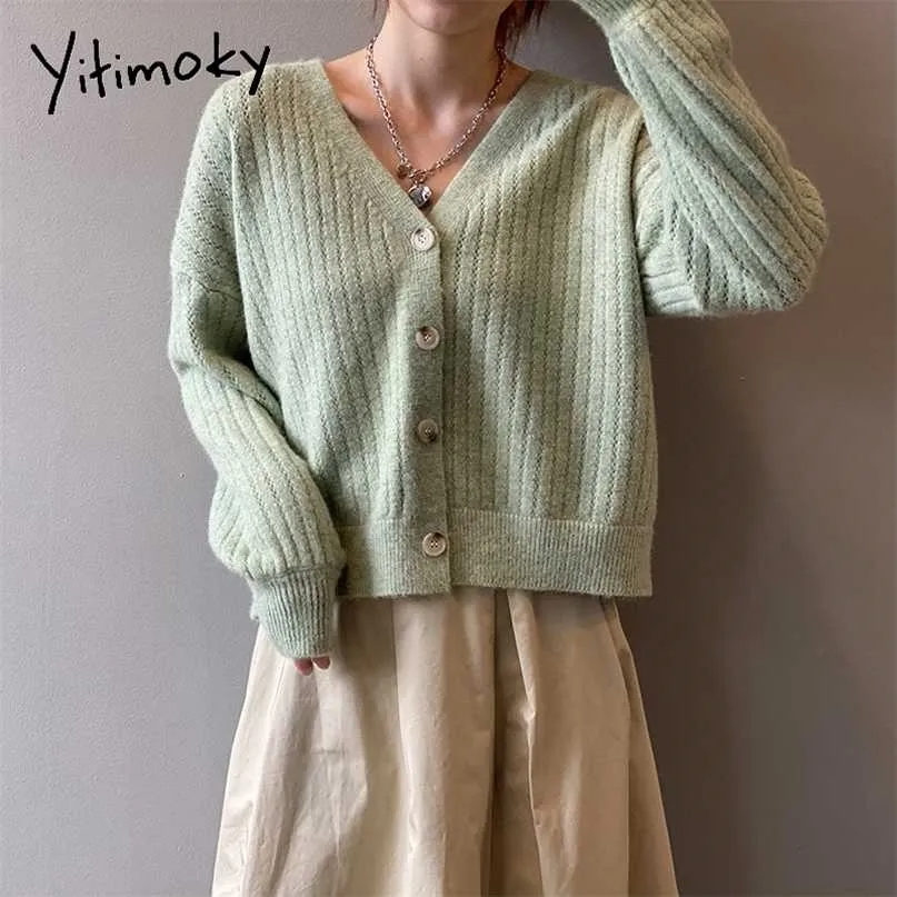 Yitimokyカーディガン女性秋冬のセーター中空韓国のファッションVネックニット服カジュアル長袖ソフトウヤー211011