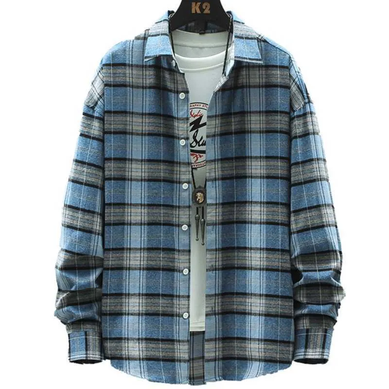 Trendigt märke Mäns Långärmad T-shirt Hongkong Stil Japansk Koreansk Plaid Shirt Handsome Loose Casual All-Match Youth Jacket 210531