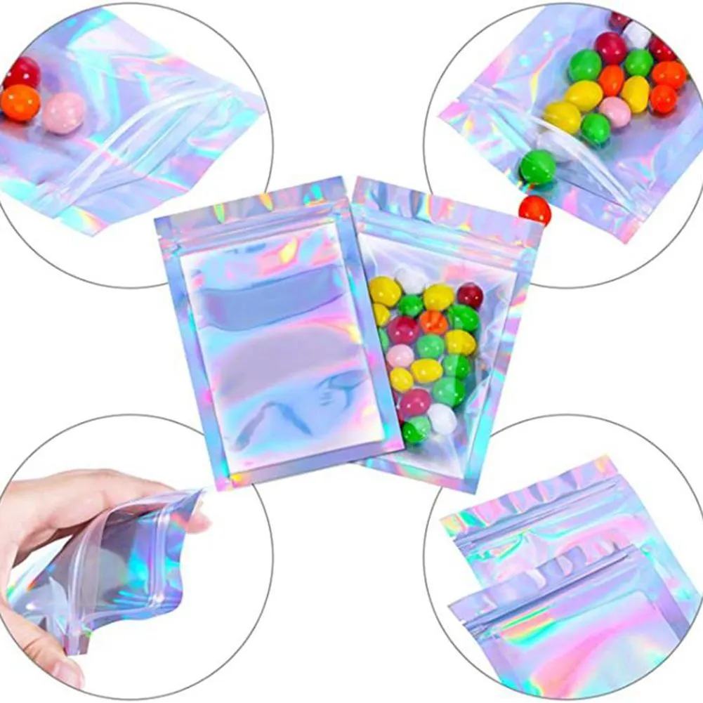 500pcs Dropshipping Sacs refermables en mylar Couleur holographique Plusieurs tailles Sac anti-odeurs Fermeture à glissière transparente Sacs d'emballage de stockage de bonbons alimentaires; DHL