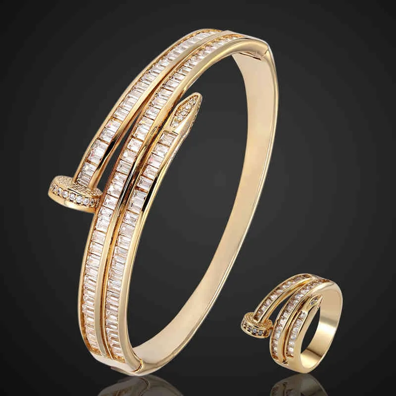 women size T cubic Zircon nail bangle Ring Wedding jewelry sets metal copper micro pave setting bracelet one mask