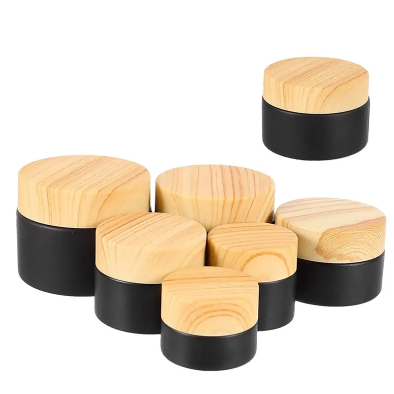 5g 10g 15g 20g 30g 50g Frascos de vidro fosco preto Cosmético Recipiente de creme com tampas de plástico imitando grão de madeira