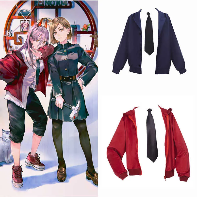 Anime danganronpa motorsåg man power cosplay kostym vuxna kvinnor casual outfits navy blå röd jacka hoodies tie halloween cos y0903