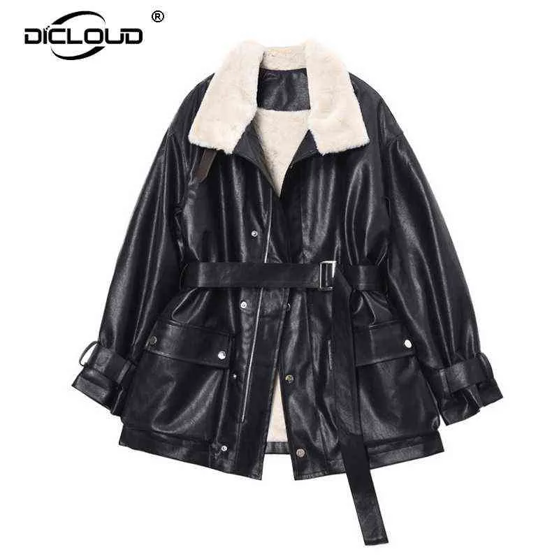 Kadınlar Lüks Kış Kalın Sıcak Ceket Ceket Chic Siyah Faux Deri Palto Faux Tavşan Kürk Astar Ceketler Kuşaklı Cep Ceketleri 211130