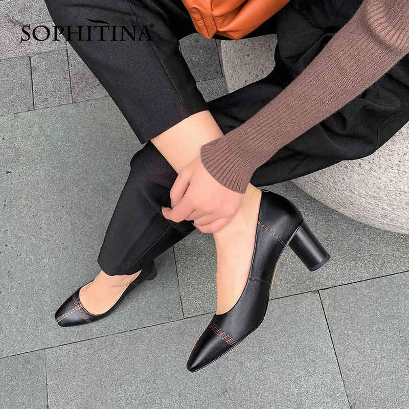 SOPHITINA Basic Women's Round Heels High Quality Sewing Handmade Shoes Shallow Mouth Classic Beige Spring Square Toe Pumps AO67 210513