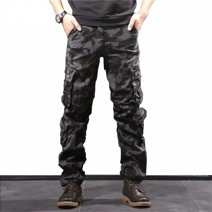 Mäns Camouflage Byxor Bomull Militär Last Multi Fickor Camo Joggers Overaller Army Combat Byxor Kläder 210715