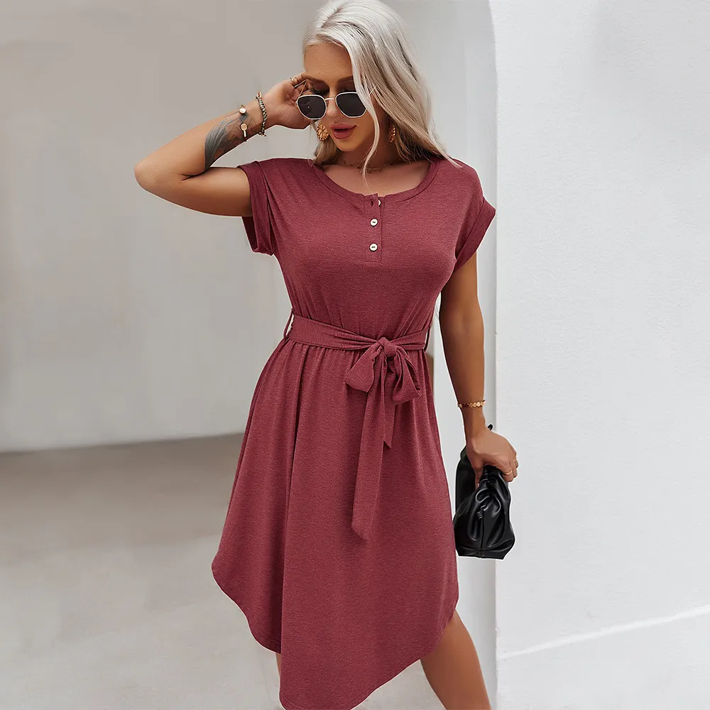 Frauen Sommerkleid Casual O-Ausschnitt Feste Knöpfe mit Gürtel Damen Mittelkalb Länge gestricktes T-Shirt weiches Kleid für Frauen 210524