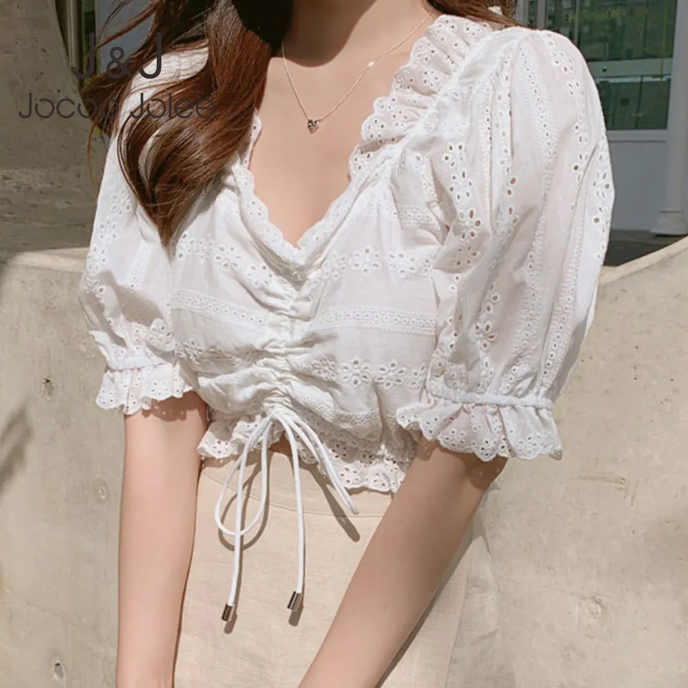 Jocoo jolee вышивка вылапывает обрезанные топы женщины элегантные кружевные блузки корейские шикарные оборки топы повседневная белая рубашка емкости 210518
