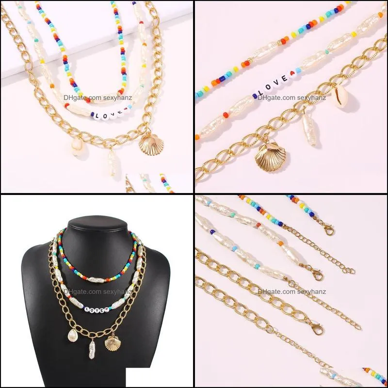 Pendant Necklaces European And American Bohemian National Style Multi-Layer Rice Beads Necklace Seaside Holiday Shell Fashion