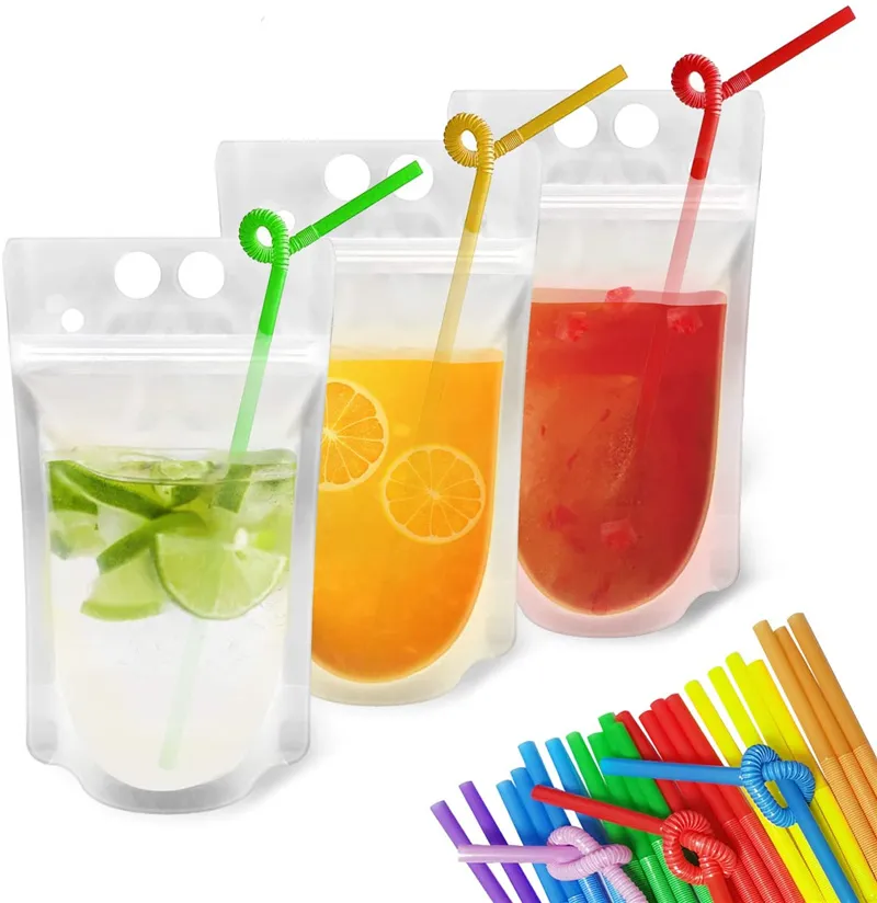 50 Pcs Drink Clear Pouches for Adults,No Leak Juice Bags Plastic Smoothie  Bags Fit Cold Hot Drinks, Reusable Juice Pouches Bags 