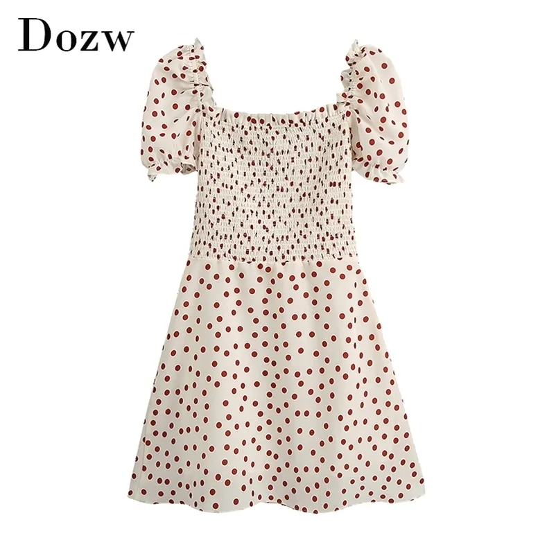 Femmes Polka Dot Print Sweet Mini Robe Summer Volants Rétro A Line ES Papillon À Manches Courtes Beach Sundress 210515