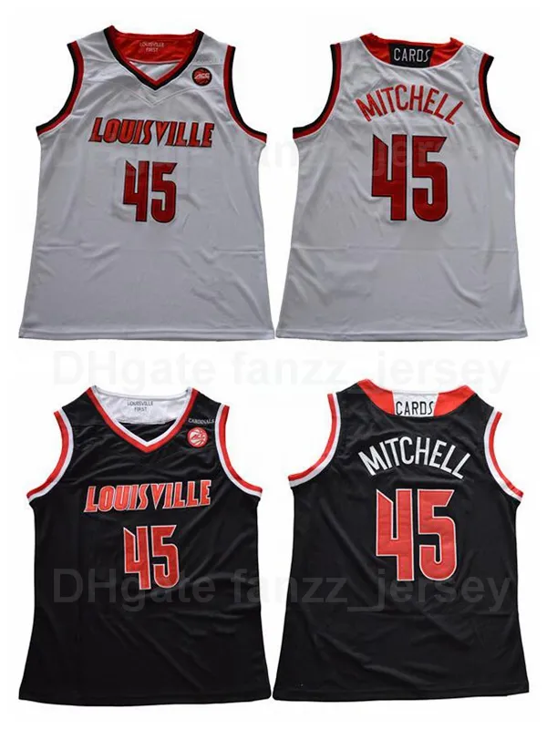 NCAA College Basketball 45 Donavan Mitchell Jersey University Team Black Color White Away For Sport Fans Breathable Pure Cotton Embroidery And Sewing Top Quality