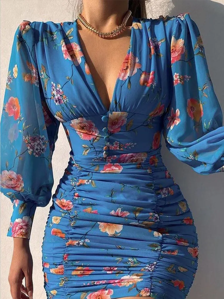 فساتين عادية 2021 Y2K مثير نفخة فانوس كم يغرق طباعة ruched bodycon البسيطة vestidos دي فييستا نادي حزب اللباس الأزهار