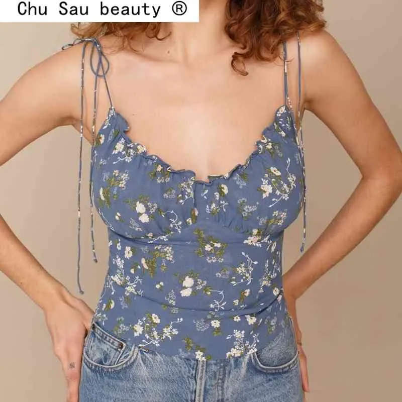 Mode sommar streetwear chic blommigryck sling crop topp kvinnor sexig ärmlös kort camis kvinnlig camisole 210508