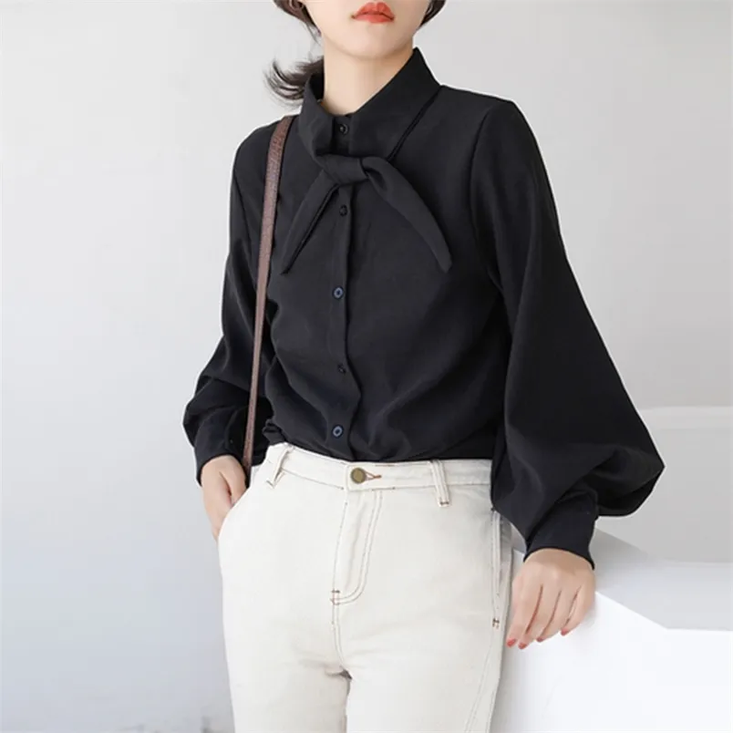 Aankomst herfst winter korea mode vrouwen lantaarn mouw vintage losse shirts casual schattige boog blouse dames tops s439 210512