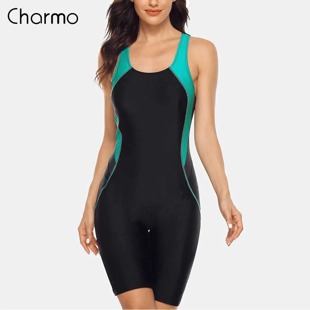 Charmo Womens Pro Sports Swimwear Colorblock Racerback Boyleg