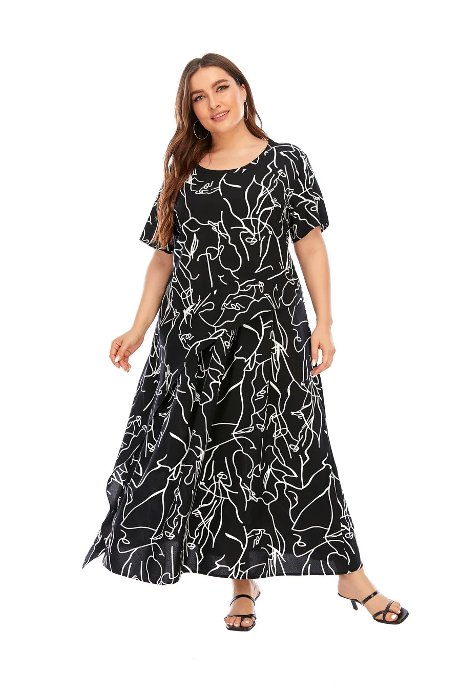 Women's Floral Print Maxi Dress with Ruffles and Short Sleeves