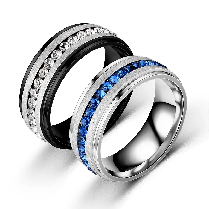 Stainless Steel Diamond Ring Band Finger White Blue Single Row Crystal Engagement Wed Rings Women Men Fashion Jewelry Will and Sandy