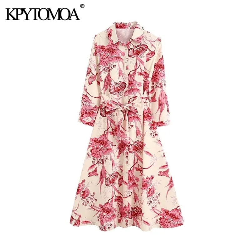 kpytomoaの女性のファッションベルトの花柄のファッションMidi Shirt Dressヴィンテージ3四半期スリーブボタンアップ女性ドレスMujer 211206