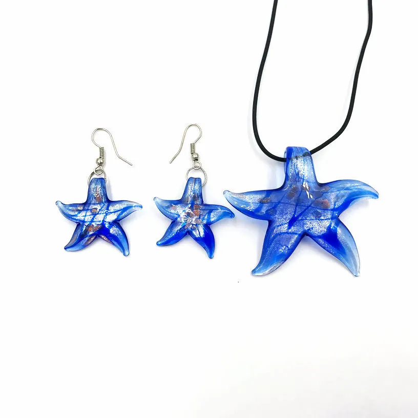 5 Fashion Blue Stripe Murano Lampwork Glass Starfish Pendant Necklace Earrings Jewelry Set For Women Gift