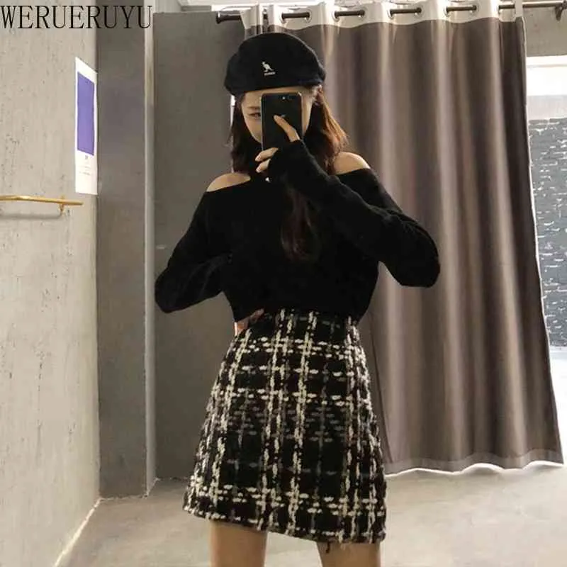 WERUERUYU Autumn Winter Women Woolen Mini Skirt Vintage Plaid Tassel Skater High Waist Checkered Skirt 210608