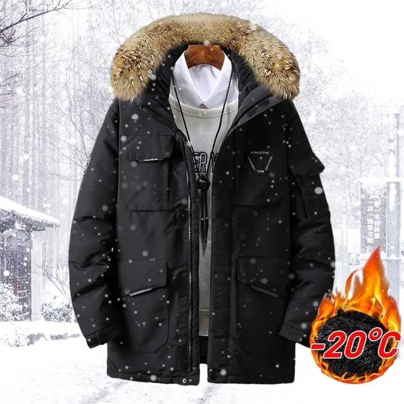 Inverno caldo uomo Parka cappotto addensare collo di pelliccia con cappuccio giacca da uomo casual manica lunga cerniera abbigliamento outdoor giacche maschili 211216