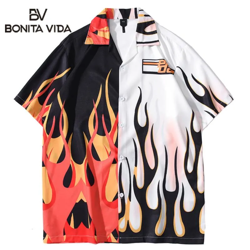 남성 캐주얼 셔츠 Bonita Vida Hawaiian Streetwear Fire Flame 컬러 블록 패치 워크 셔츠 남성 하라주쿠 힙합 비치 버튼 탑스