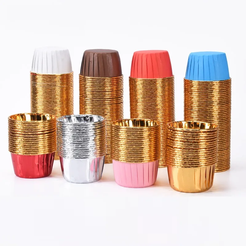 50pcs Cupcake Wrappers Starting Muffin Case Gâteau Doublure Gold Silver Paper Cuples Papiers Résistant à la chaleur Moule de cuisson Cakes Fournitures