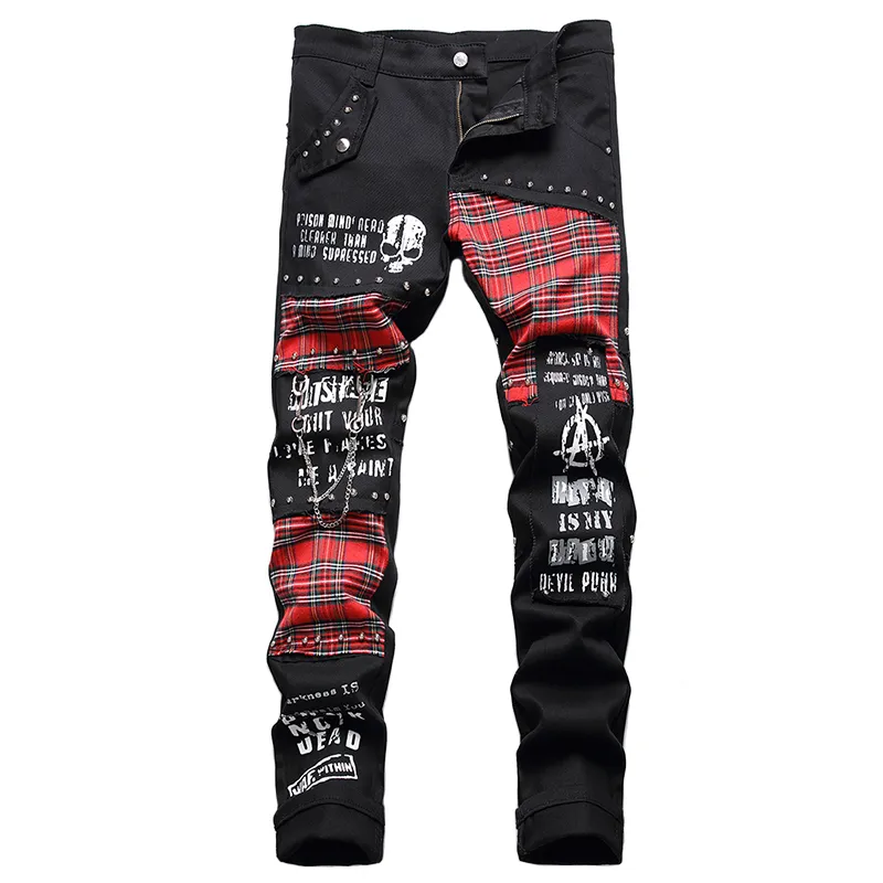 Stitching Patch Rivet Jeans Mäns Rock Punk Brev Skull Print Pants Fashion Slim High Street Dark Souls Lokomotivbyxor