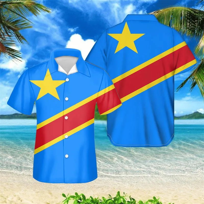 الرجال عارضة القمصان الكونغو العلم المطبوعة الصيف بأكمام قصيرة للرجال فضفاضة سترة زر يصل قميص زائد حجم هاواي نمط قمم الذكور كاسميس
