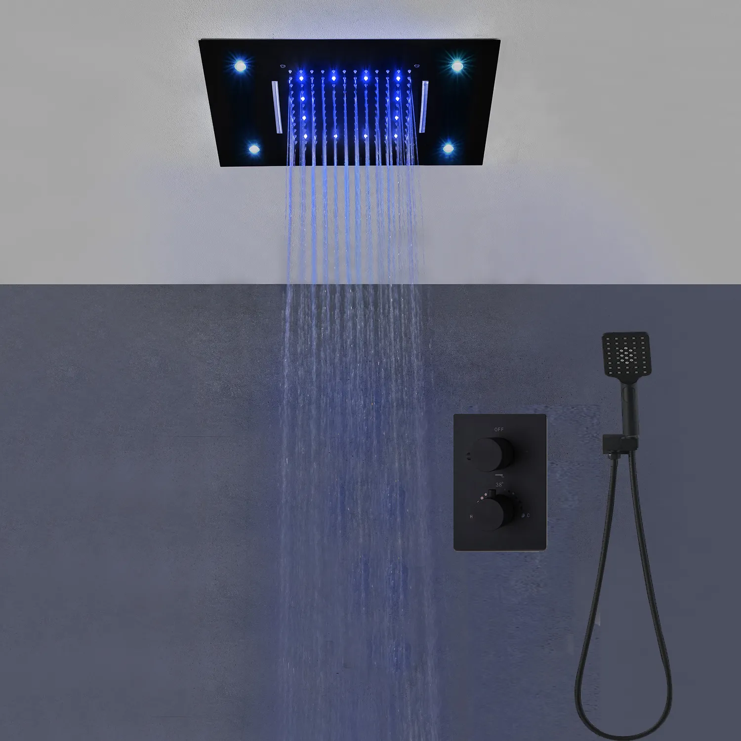 Ensemble de douche LED moderne en acier inoxydable 304, pomme de douche cascade, mélangeur thermostatique, robinets noirs de salle de bains 20x14 pouces