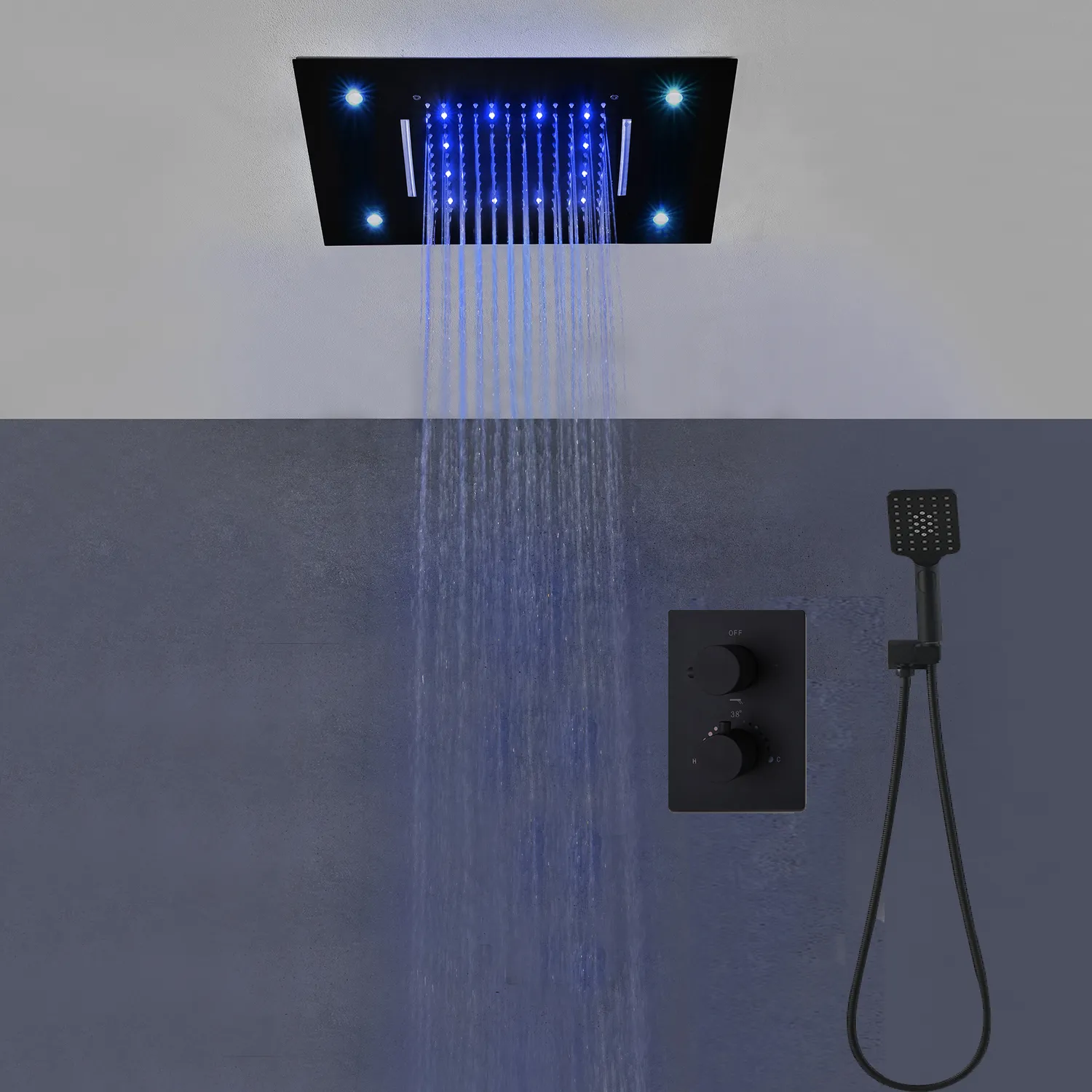 Modernes LED-Duschset, 304 Edelstahl, Regenfall-Wasserfall-Duschkopf, Thermostatmischer, Badezimmer, schwarze Wasserhähne, 50,8 x 35,6 cm