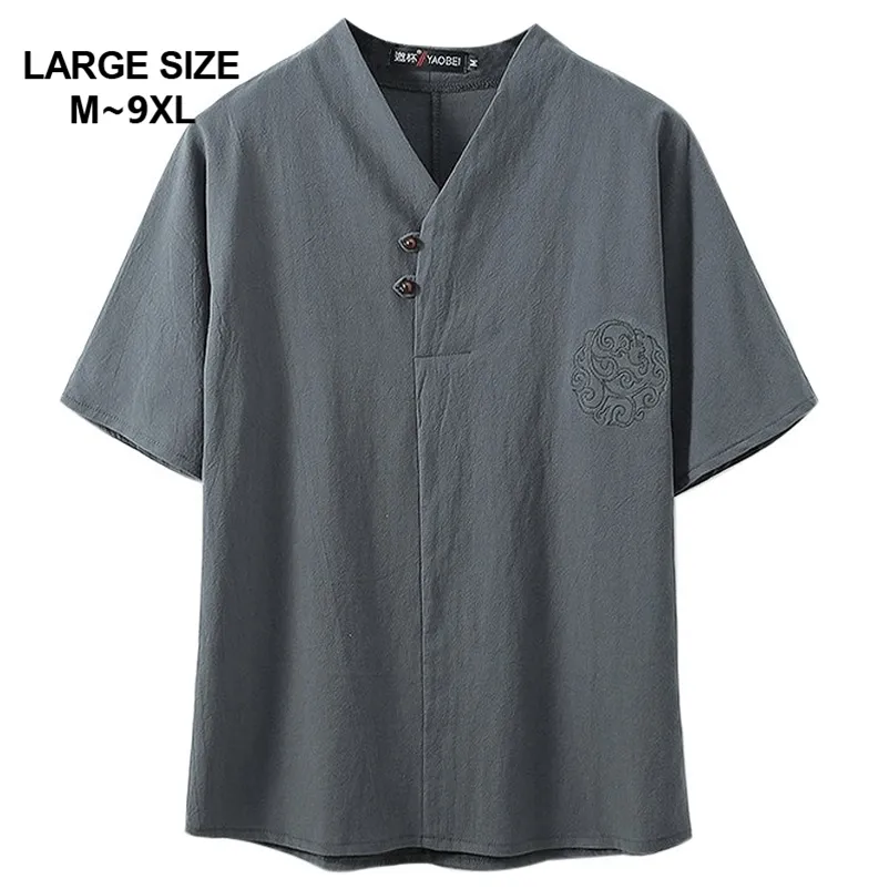 Style chinois Super grande taille M-9XL hommes été décontracté col en v à manches courtes T-shirt homme T-shirts amples T-shirts 5XL 6XL 7XL 8XL 9XL 210726