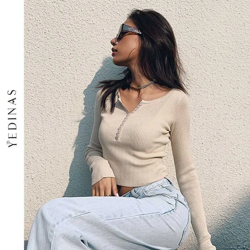 Yedinas Spring Button V Neck Sweater Women Basic Slim Pullover Knit Jumper Ladies Sexy Tops Elegant Female Vintage Sweaters 210527