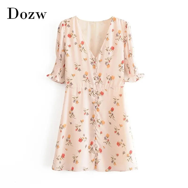 Kwiatowy Drukuj Lato Mini Dress Kobiety Wzburzyć Krótki Rękaw Vintage Party Sexy V Neck Buttons Beach Sundress Vestidos Mujer 210515