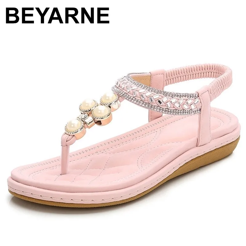 BEYARNEPlus Taille 4-12 Bohème Cristal Sandales Femmes Chaussures Strass Lady Tongs Perle Slip On Tong Femme Plat Plage Chaussure 210324