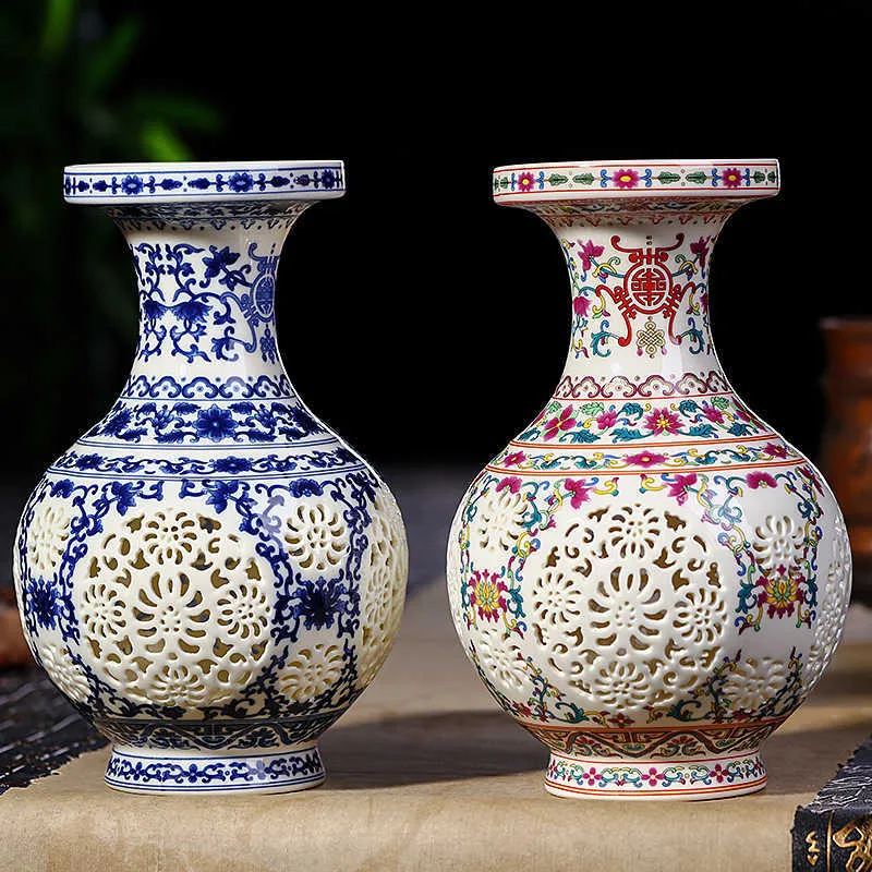 Antique Jingdezhen wazon ceramiczny Chiński przebity Wazon Prezenty ślubne Home Handicraft Wyposażenie artykułów 210623