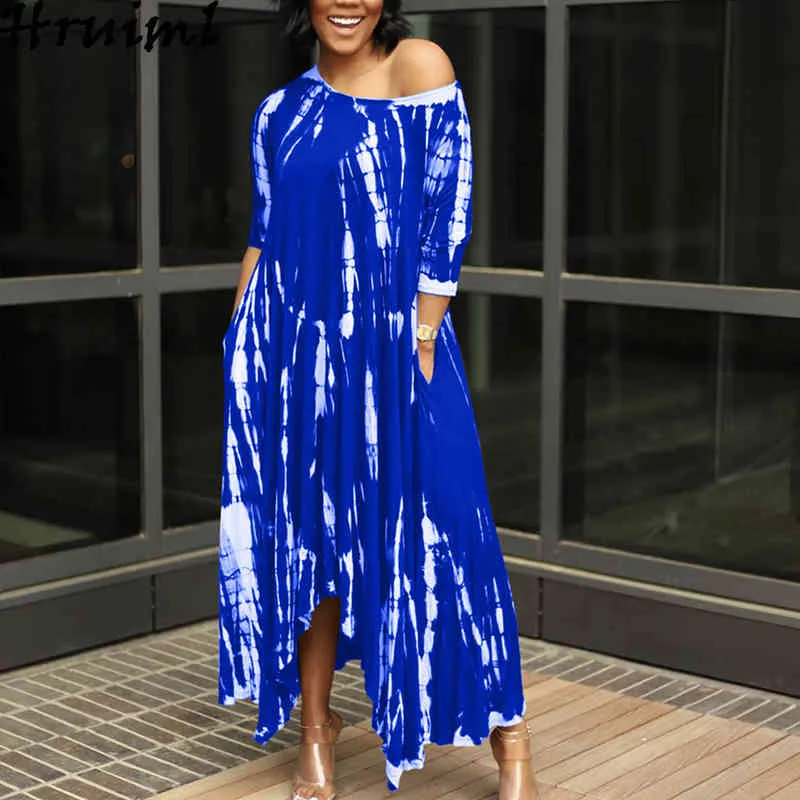 Estilo vestido largo cuello ancho tie dye mujeres bolsillos casual tobillo longitud o cuello lrregular dobladillo suelto vestidos largos 210513