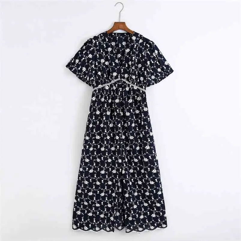 Mulheres verão vintage camisas vestido v-pescoço de manga curta botões floral bordado es feminino elegante pano de bezerro 210513