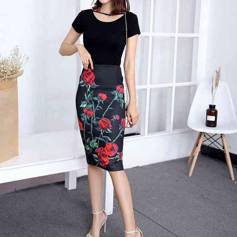 Bureau Lady Style Floral Summer Femmes Jupe 2021 Élégant Genou Longueur Skinny Sexy Crayon Jupe Femmes X0428