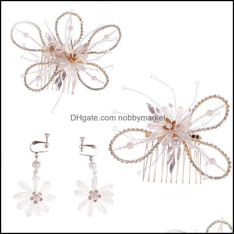 Wedding Jewelry Sets Golden Set Crystal Hair Comb + Earrings Hand-woven Bride Beautiful Beads Accessories Clips