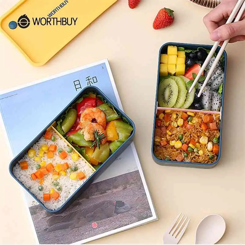 Worthbuy Caja de almuerzo de plástico Escuela de estudiantes Cajas Bento Capa espaciadora Japonesa Microondas Vajilla Contenedor de alimentos Cajas de almacenamiento 210818