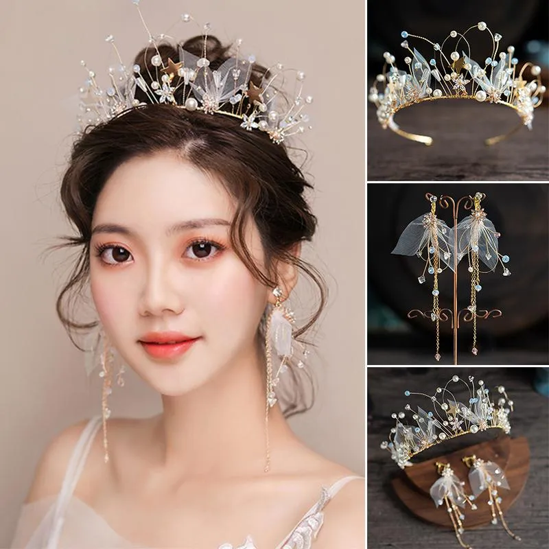 Hair Clips & Barrettes Fairy Style Pearl Crowns Headband With Tassel Earrings Semi-Circular Design Elegant Light Weight Long Lasting For Wed