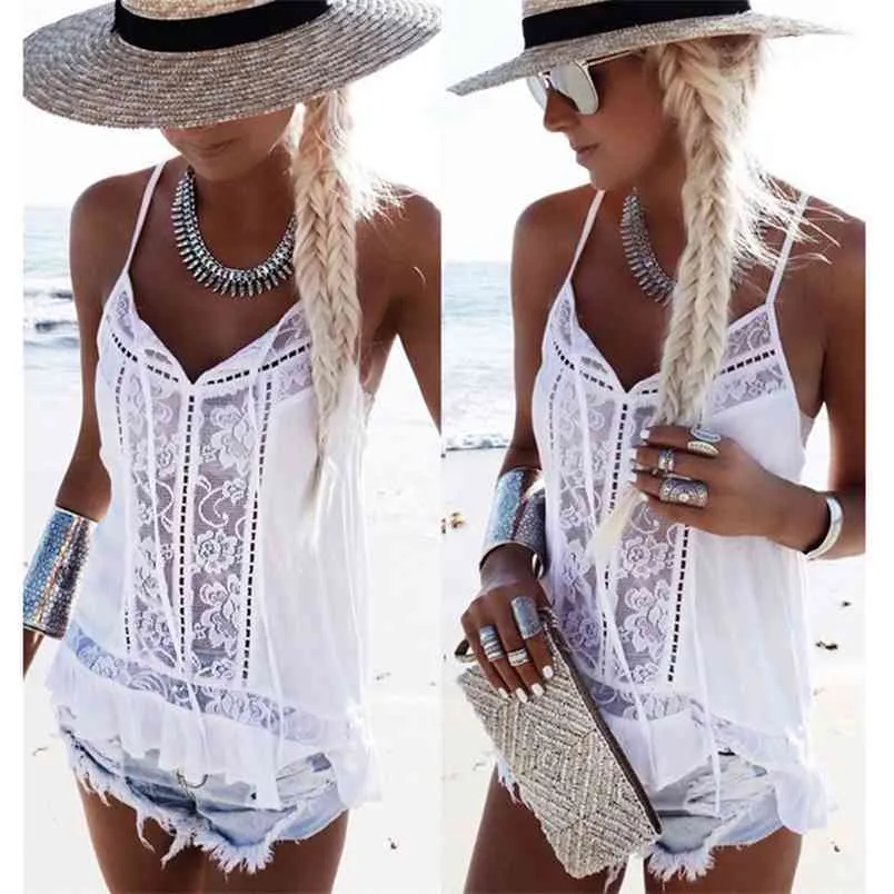 Kayotuas Femmes T-shirt Boho Blanc Floral Sling Beach Hole See-Through Holiday Sweet Summer Lace Top sans manches tenue décontractée 210522