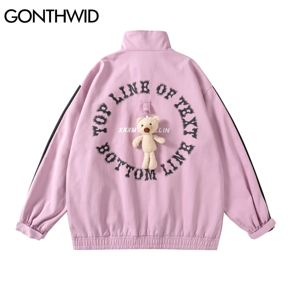 Gonthwid jackets streetwear bloco cor retalhos zíper completo jacekt com urso homens hip hop casual casacos soltos harajuku tops rosa c0315