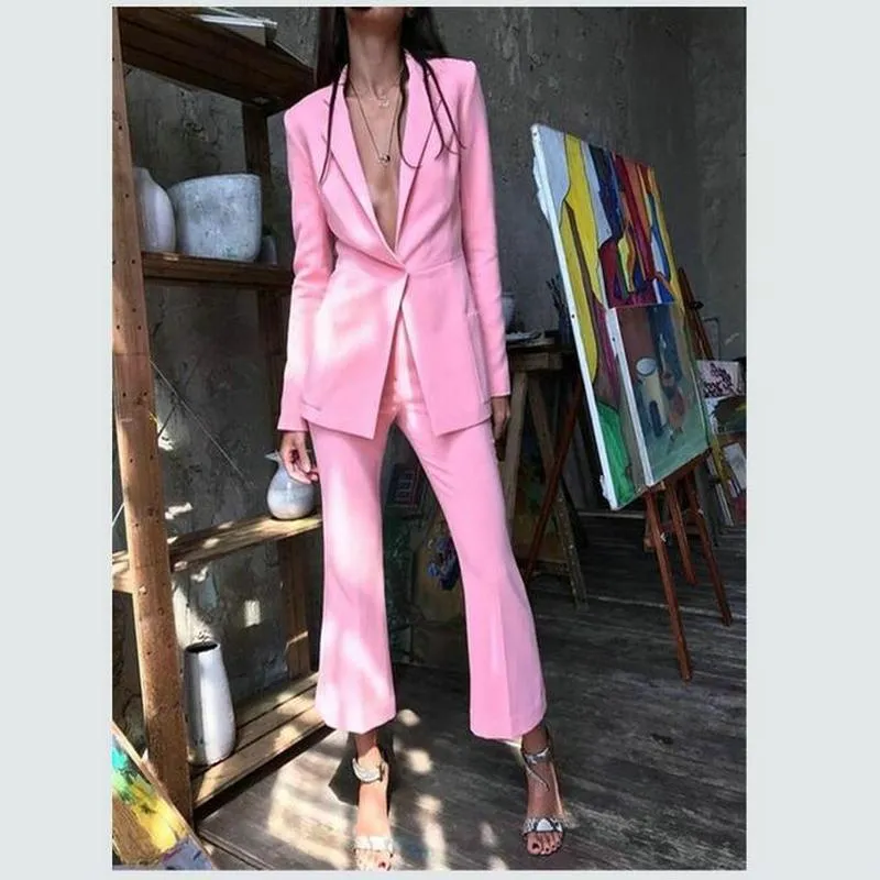 Pink Formal Women's Office Fashion Casual Suits Women Business Prom Wedding Tuxedo 2 Pieces Jacket Pants Traje Mujer Two Piece