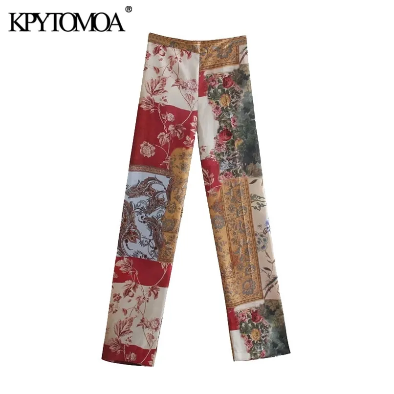 Kppytomoa vrouwen chique mode patchwork print wide-poot broek vintage hoge taille zijzakken vrouwelijke broek Mujer 210915