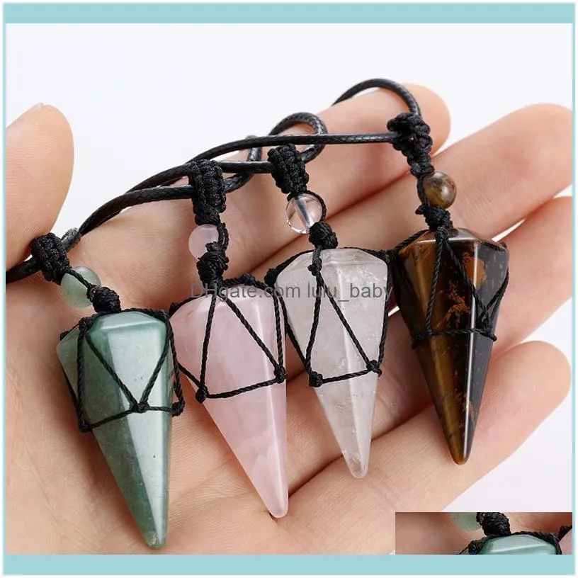 Chains Natural Stone Cone Pendants Crystal Black Rope Wrapped Treatment Stones Necklace Men Female Fashion Women Jewelry Charm Gift