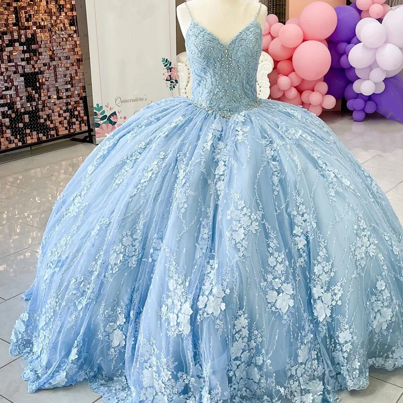 Light Blue Lace icy Blue quinceanera dresses 2022 with Beading Top, Floral Laces, Spaghetti Straps, and 3D Flower Embellishments - Perfect for Prom,