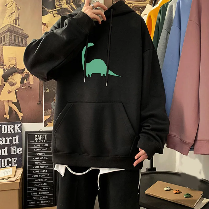 Green Dinosaur Print Hooded Female Sweatshirts Oversize Drop Shoulder Pockets Woman's Pullovers Sweatshirt Spring Casual Tops 210518