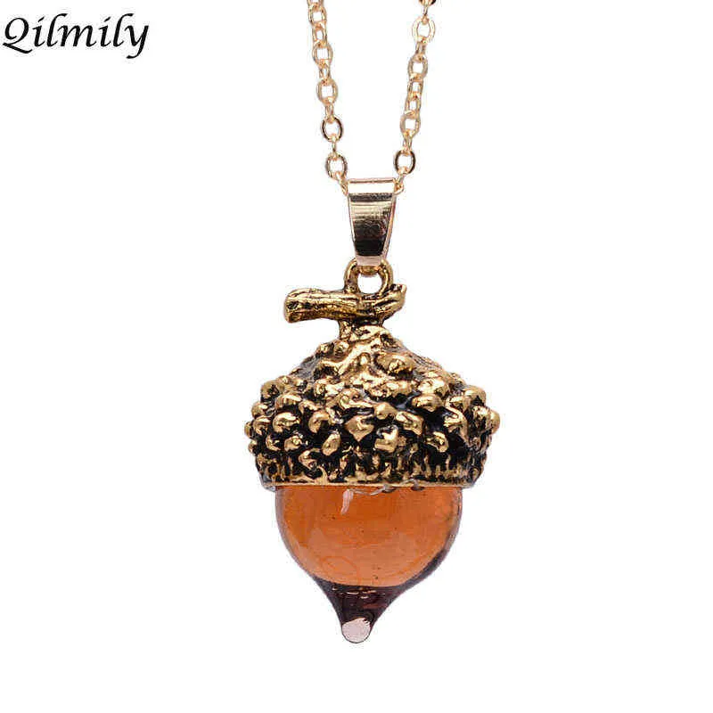 Qilmily Glass Crystal Acorn Oak水滴ペンダントネックレス女性アンティークブロンズ合金パインナッツセーターチェーンジュエリーギフトG1206